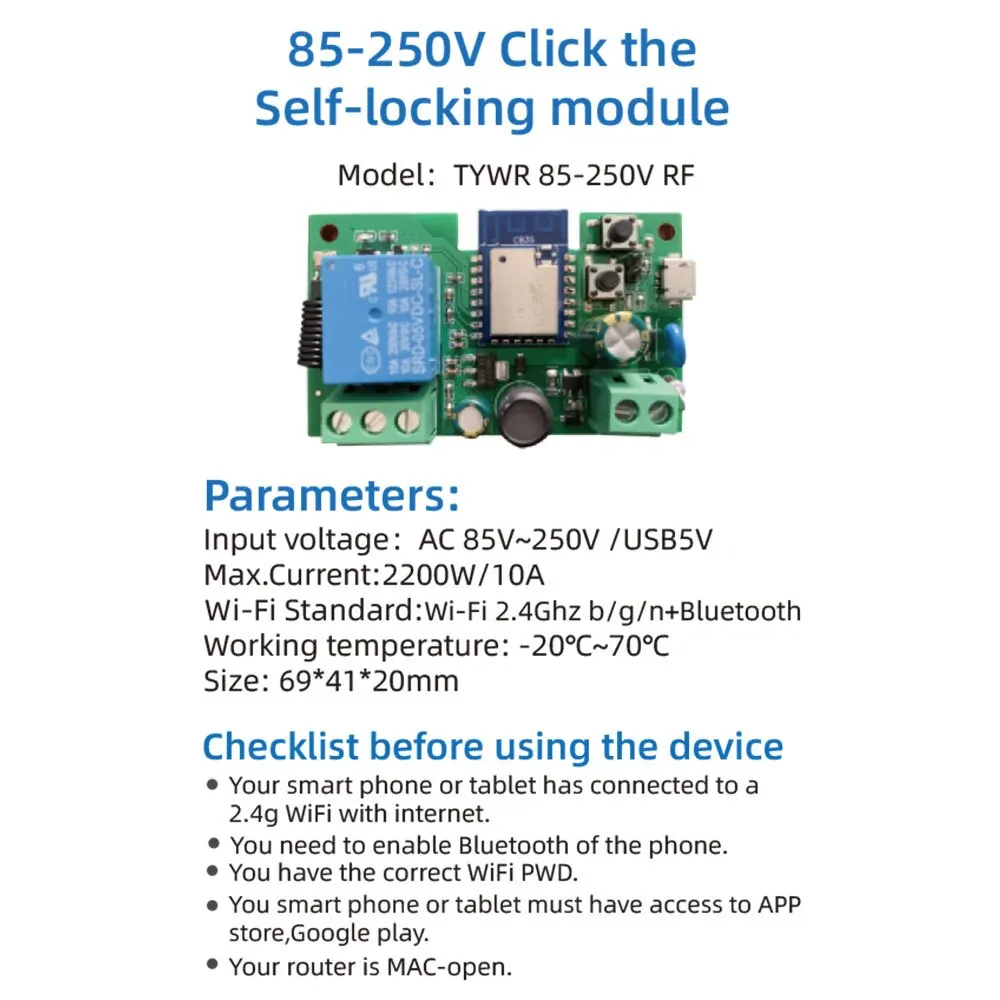 1CH Tuya Smart Remote Control Wireless Wifi Switch Module DC7-32V AC85-250V 2200W RF Receiver 10A WiFi Relay DIY Smart Switch Smart Wifi Switch Wifi Switch Wireless Switch Electronic Module