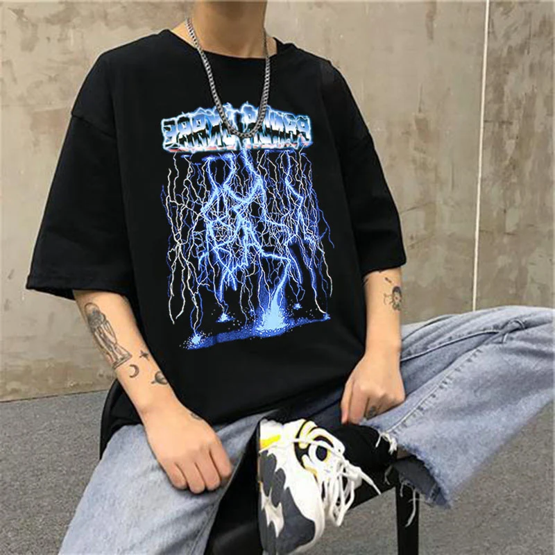 

Summer Fashion Hip Hop Streetwear Lightning Printed Men T Shirts Harajuku Casual Loose Oversized O-Neck Short Sleeves Top Tees