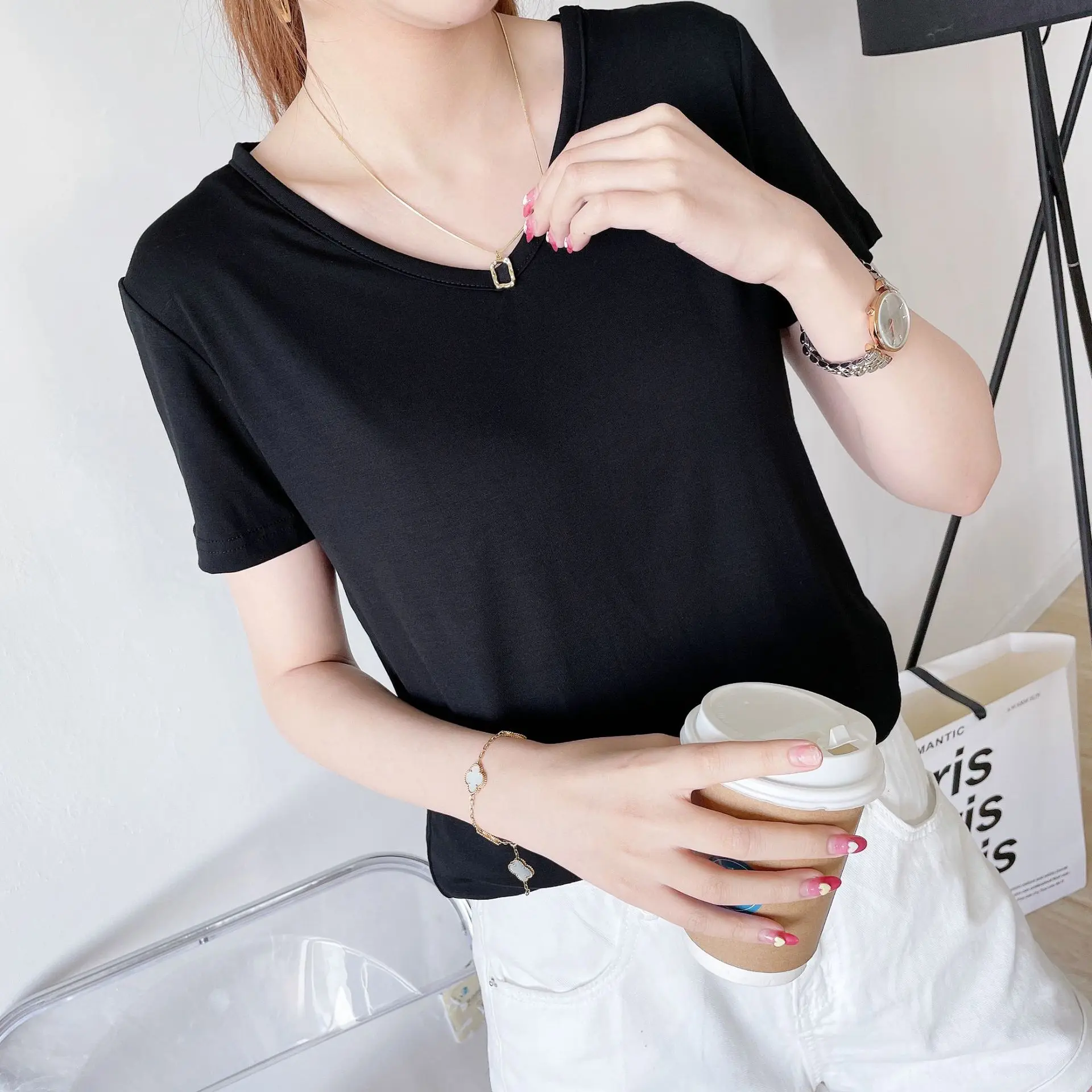 Summer V-neck Tshirt Elegant Tee tops Casual loose Bottoming T-shirts Solid color Fashion Top All match 6