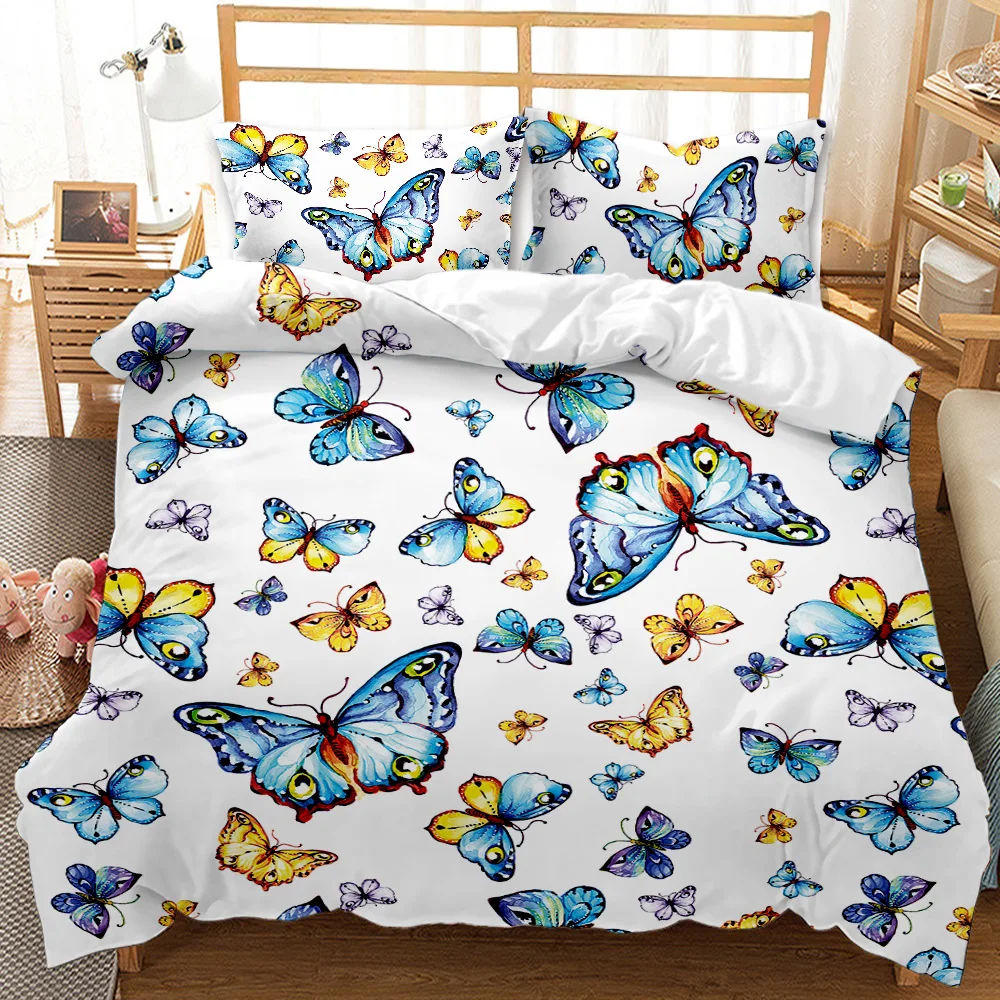 Blue Butterfly Duvet Cover Set Butterfly Bedding Set Blue Red Butterflies and Dragonfly Boys Girls Polyester Bedding Set Queen