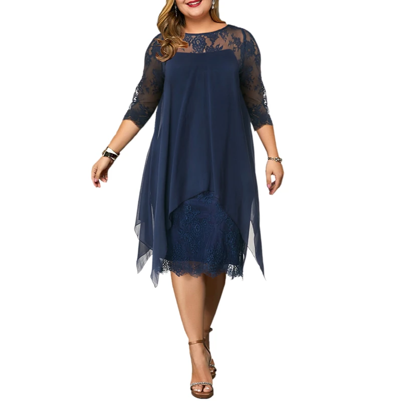 

Women Plus Size Dress O-neck Midi Dress 5XL Lady Evening Lace Mesh Sexy Elegant Dress Female Elegant Embroidery Clothing Summer
