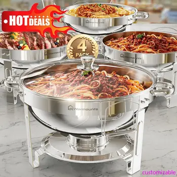 Round Chafing Dishes Buffet Set – 5QT Stainless Steel with Glass Lid (4 Pack) 1