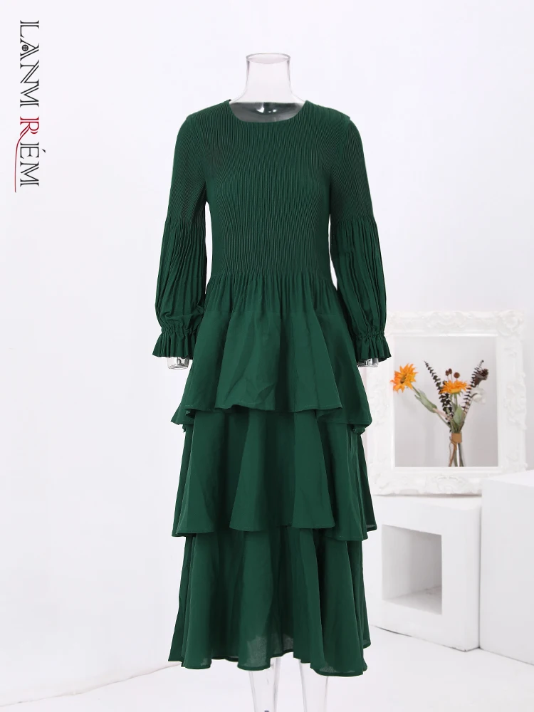 

LANMREM Fashion Ruffles Spliced Pleated Women's Dress Lantern Sleeves Evening Party Solid Dresses 2024 Spring New 32C733