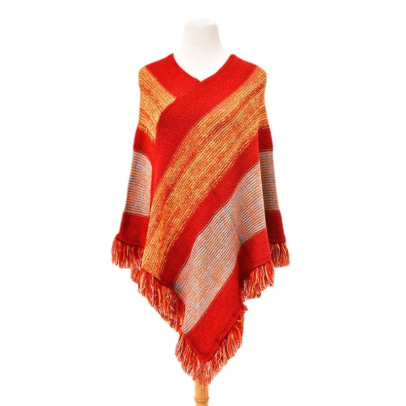 

Autumn Winter V-neck Loose Pullover Sweater Tassel Stripe Cape Women Fashion Street Poncho Lady Capes Red Cloaks