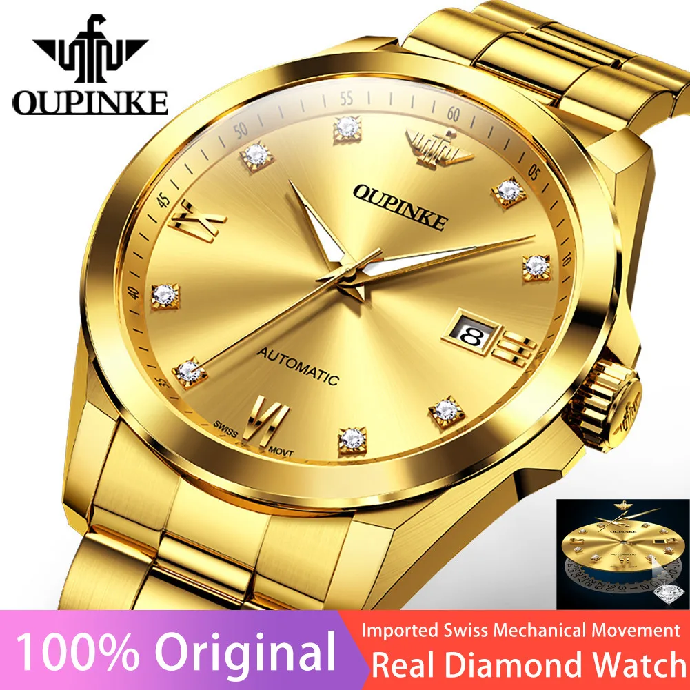 OUPINKE Luxury Brand Real Diamond Watch for Men Swiss Movement Stainless Steel 5Bar Waterproof Automatic Mechanical Wristwatches кастрюля swiss diamond xd 6124 ic