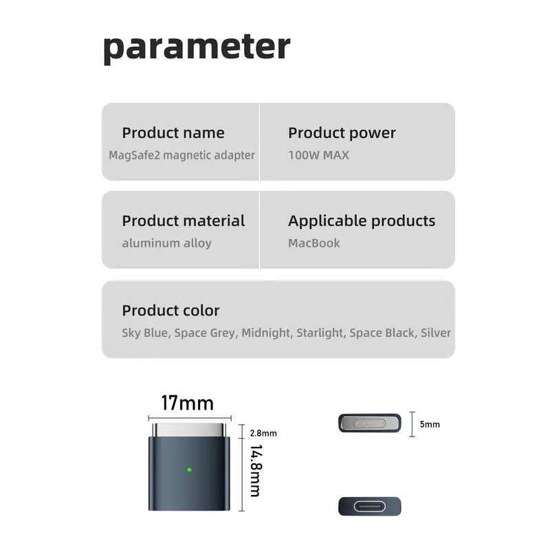 USB-C to MagSafe 2 자기 충전 어댑터 100W 고속 충전 MacBook Air Pro A1398/A1424/MC976/MD506/ME665/ME293/ME2942용