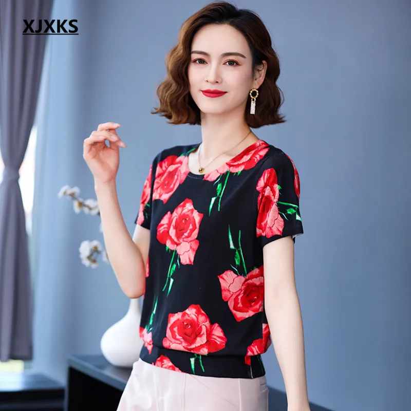 

XJXKS Round Neck Short Sleeve Women's T-shirt 2022 Summer New High Quality Digital Printing Casual Pullover Top