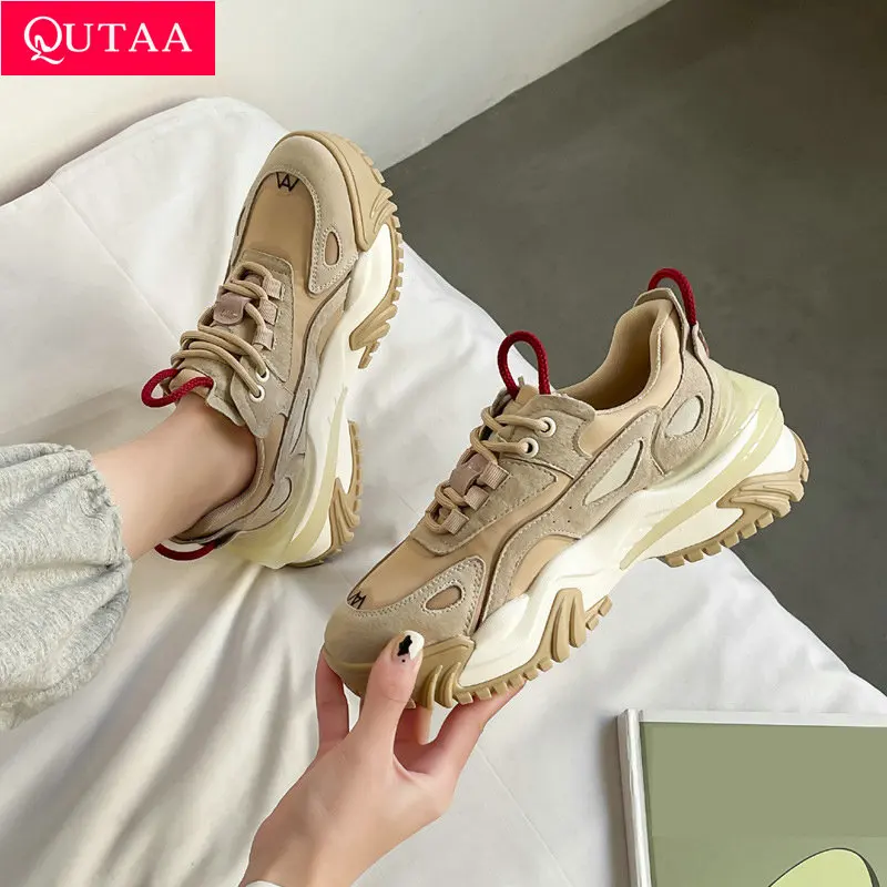 

QUTAA 2022 Women Sneakers High Quality Genuine Leather Med Heels Lace Up Round Toe Platform Fashion Female Shoes Size 35-40