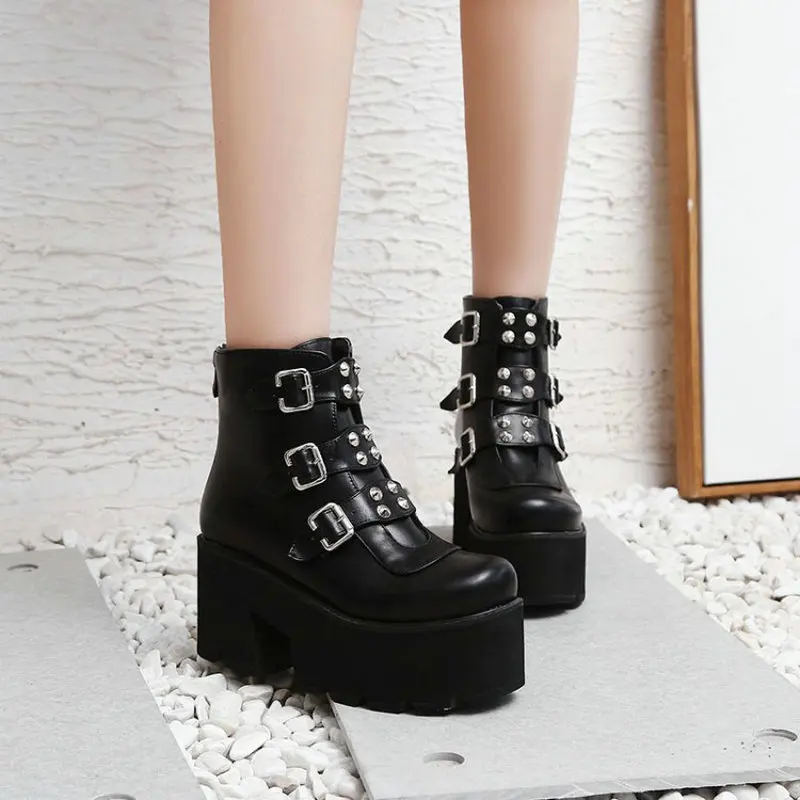 

QPLYXCO Punk Goth Woman Winter Shoes Platform Wedges Heels Buckle Strap Womens Ankle Boots With Studded Rivets Size 33-46