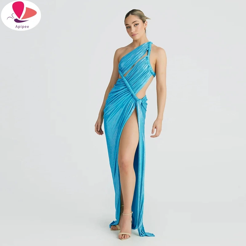

APIPEE Shiny Unique Ruched Maxi Dress Women Unique Sexy High Side Split Sexy Vestidos Solid Female Party Evening Elegant Bodycon