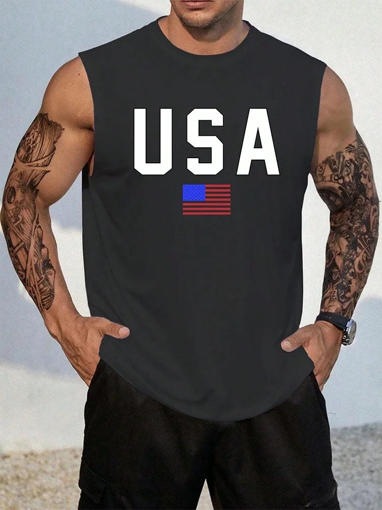USA Flag Print Men's Tank Top Summer Casual Men's Loose Sleeveless T-shirt Outdoor Sports Fashion Street Tank Top