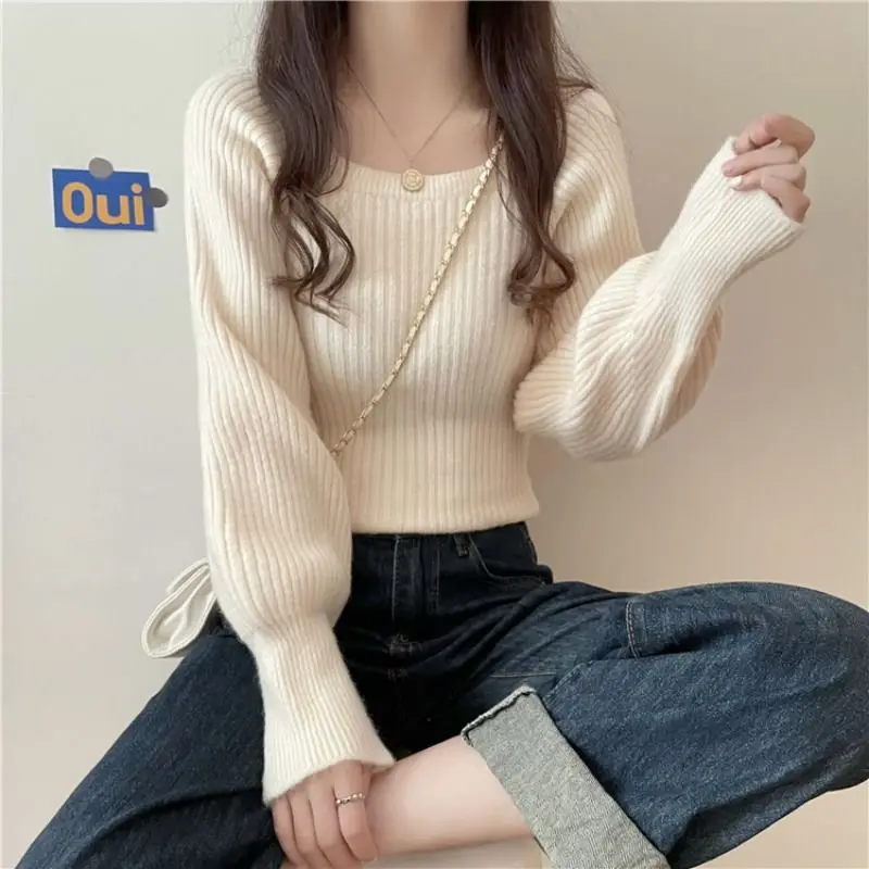 

Super Comfortable Cashmere Sweaters Woman Slim Short Square Collar Knit Jumper Woman Lantern Sleeve Sweater Pullover