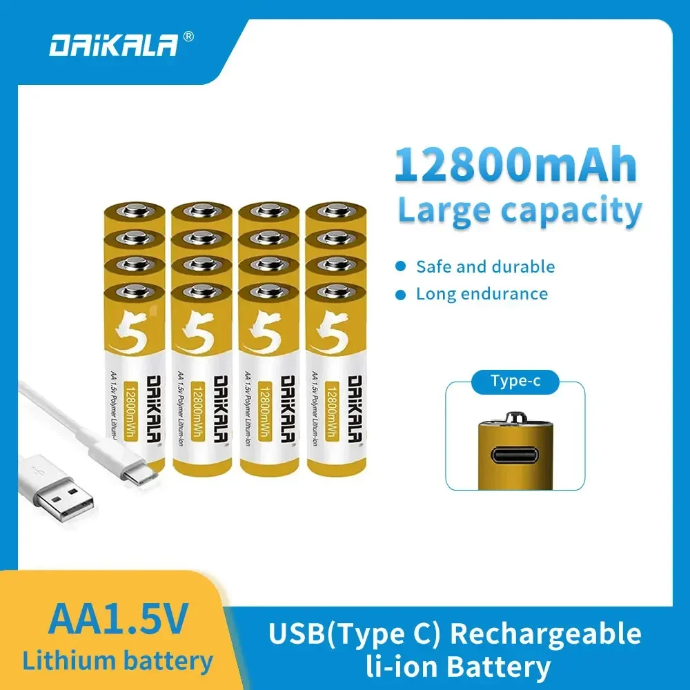 

16pcs AA 1.5V Rechargeable Li-ion Battery 12800mAh with USB Cable Li-Polymer Type-C Lithium Batteries For Toy Remote Control MP3