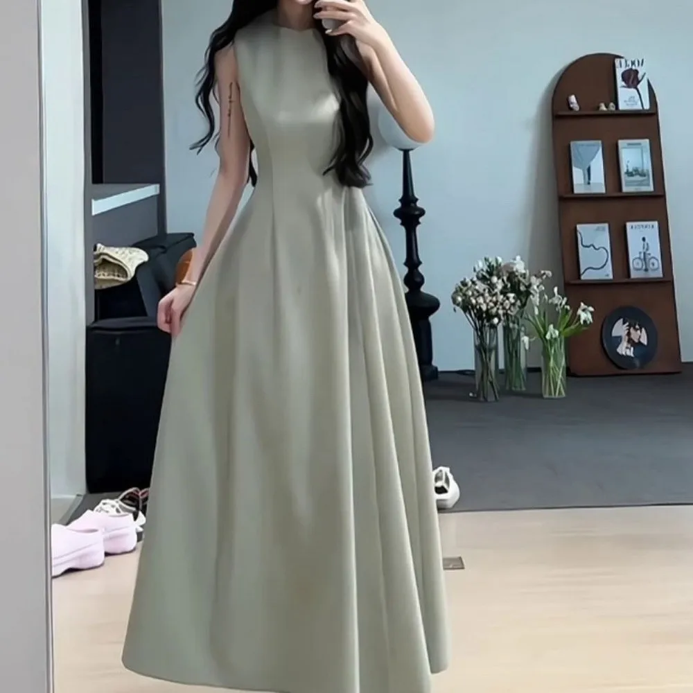 U Neck Sleeveless Long Dress Sleeveless Vest Temperament Solid Color Long Skirt Long A-line Women Korean Dress Spring Autumn