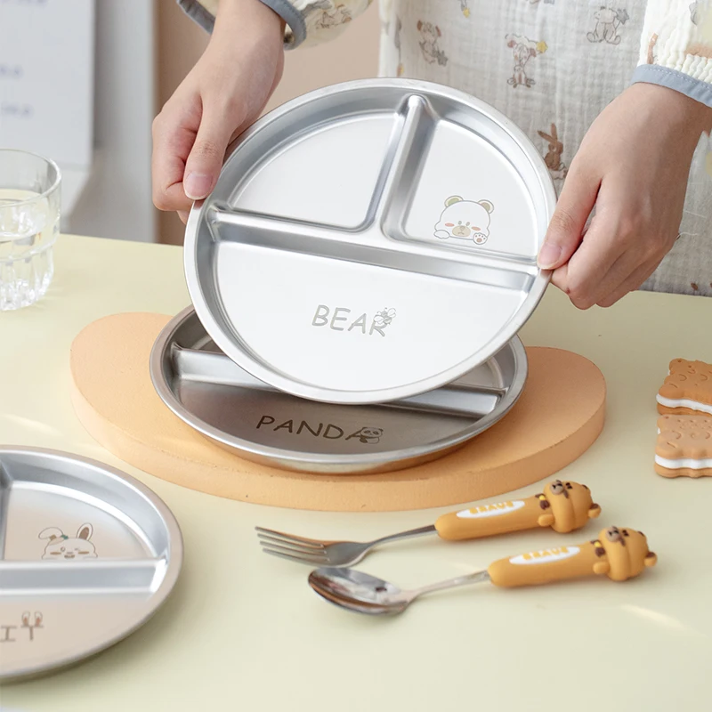 Round Dining Plate 304 Stainless Steel Food Plate Divided Breakfast 3 Grids Cute Tableware Stackable Fruit Salad Set