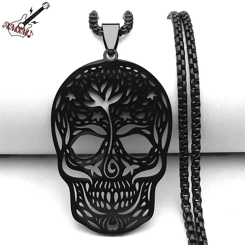 Goth Blume Mexikanischer Zuckerschädel Schwarze Halskette für Damen Herren Edelstahl Mexiko Volkskunst Skelett Kette Schmuck NZZZ534S06