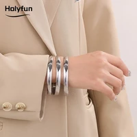 Holyfun 60mm Waterproof 316L Stainless Steel Round Smooth Bracelet Bangle Women Minimalist 18k Gold Color Texture Charm Jewelry 2
