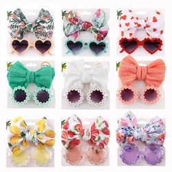 New Baby Girls Hair Accessories Fashion Sun Flower Sunglasses Bow Hairband Set Newborn Head Bands Summer Beach Photography Props