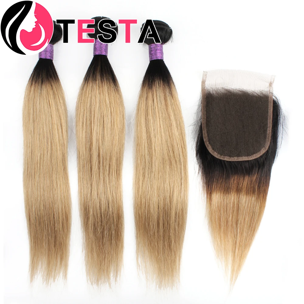 

Ombre Colored 1B27/30 Straight Human Hair Bundles With Closure Brazilian Hair Bundles Weave With 4x4 Lace Closure 100% Remy Hair