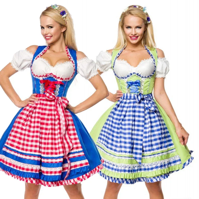 

Lady Carnival Oktoberfest Costume Tavern Beerfest Waiter Dirndl Crop Top Plaid Apron Outfit Cosplay Halloween Fancy Party Dress