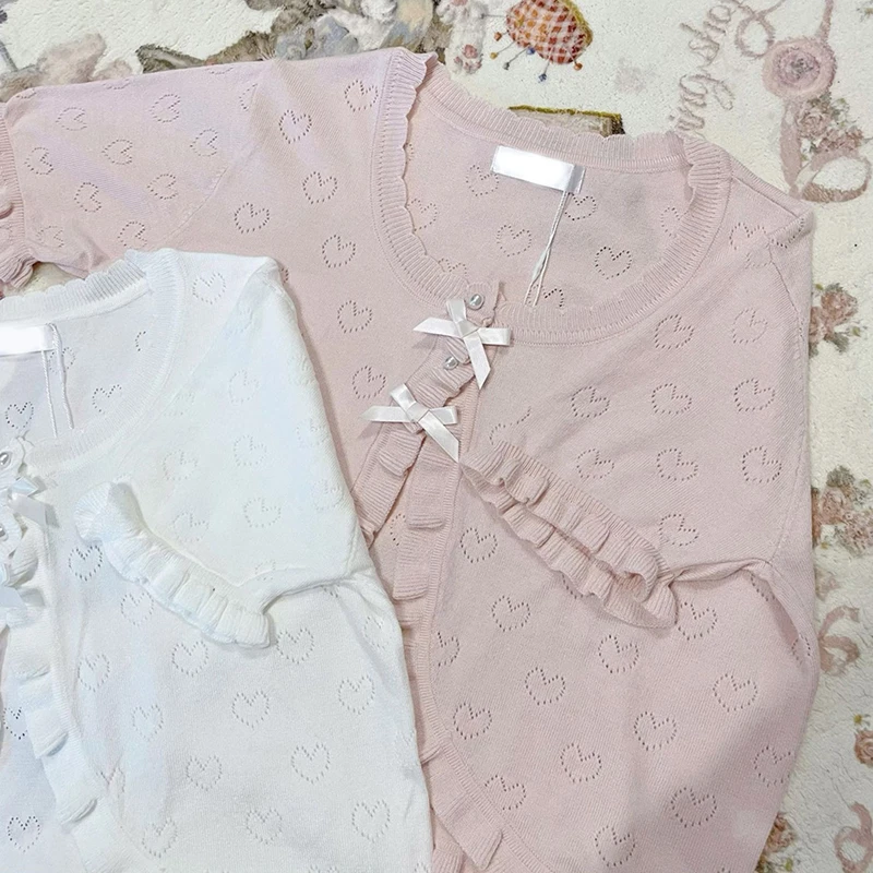 Cute Knitted Cardigan Women Pearl Button Bow Decoration Heart Hollow Out Short Sweater for Sweet Girl Kawaii Clothes