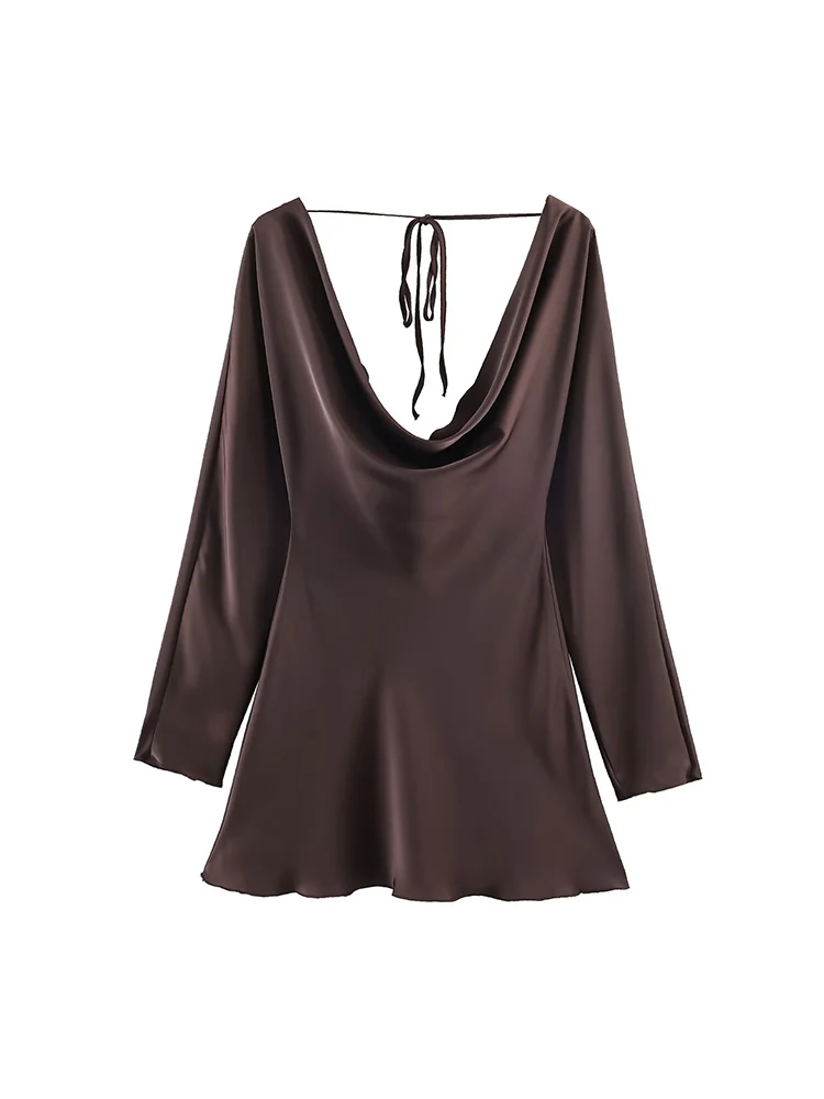 Women's Elegant Satin Party Dress High Street Long Sleeve Mini Dress Spring Fall Fashion Ladies Swinging Collar Solid Dresses