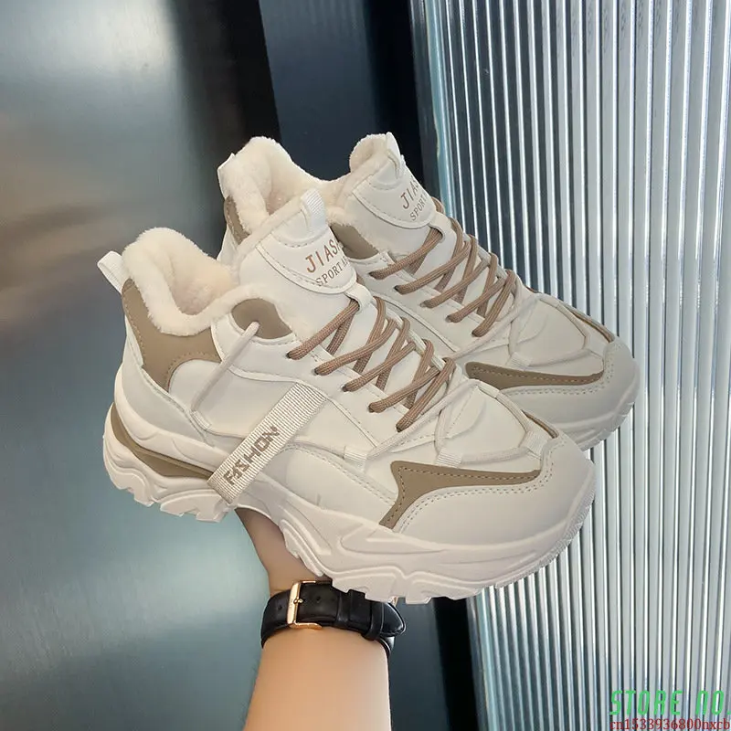 

2023 Winter Plus Velvet Dad Shoes for Women's Korean Version Warm High-top Lace Up Sneakers Ladies Casual White Cotton Shoes