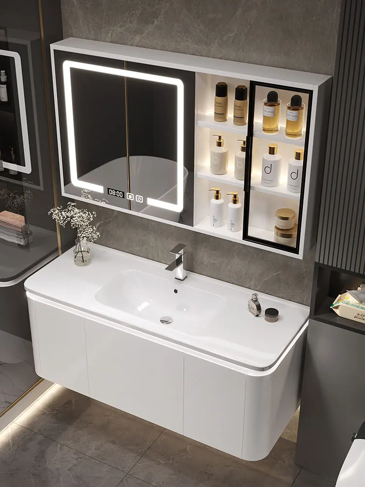 Light luxury solid wood ceramic integrated basin smart bathroom cabinet combination washbasin toilet washstand