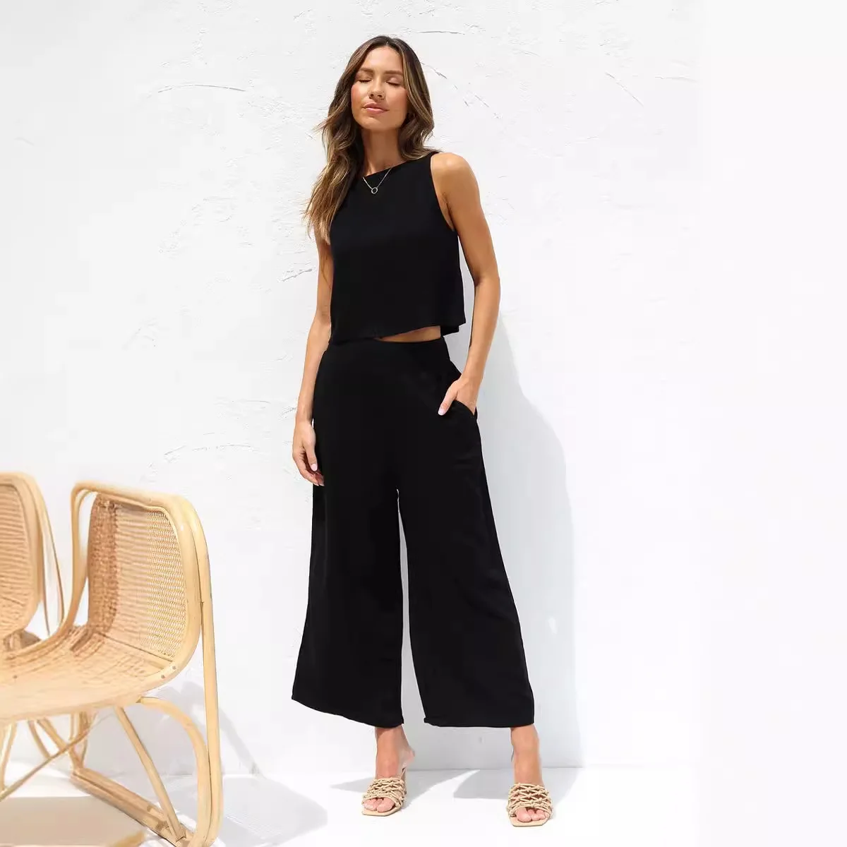 Women's Cotton and Linen Set Casual Sleeveless Button Up Vest + Nine-point Double Pocket Wide Leg Pant Set Fashion Summer
