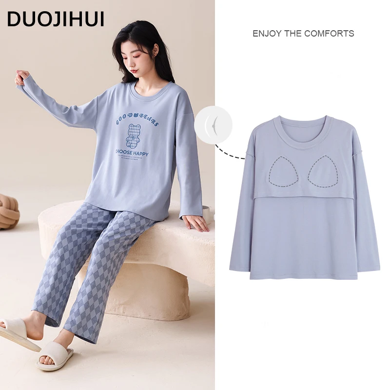 

DUOJIHUI Two Piece Classic Plaid Pant Simple Female Pajamas Set Basic O-neck Chicly Bra Pullover Loose Fashion Pajamas for Women