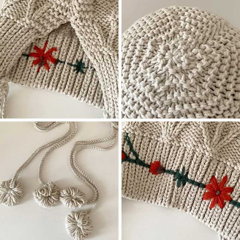 Bohemian Tassel Knitted Hat for Women Flower Crocheted Beanies Autumn Winter Warm Ear Protection Cap Girls Fashion Woolen Bonnet 6