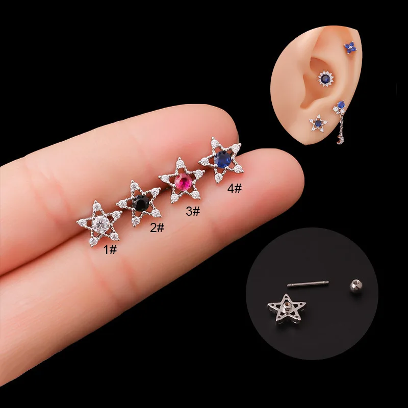 

New 1PC 20G Stainless Steel Star Colorful CZ Cartilage Cubic Zirconia Helix Tragus Conch Screw Back Earring Piercing Jewelry