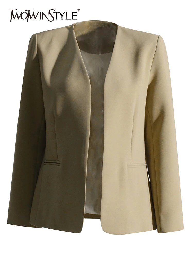 

TWOTWINSTYLE Spliced Button Solid Blazers For Women Notched Collar Long Sleeve Slim Minimalist Coat Female Fashion Style 2023