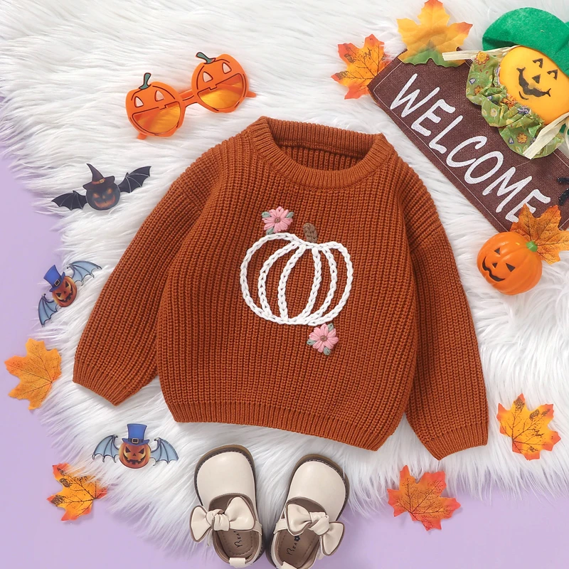 Baby Girls Knitting Sweaters Casual Children Jumpers Long Sleeve Pumpkin Flower Crochet Pullover Toddler Winter Tops