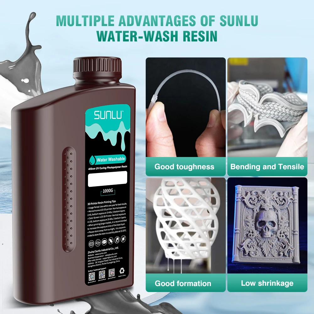 SUNLU Résine Lavable à l'Eau Résine pour Imprimante 3D,1kg UV 405nm 3D  l'impression Résine Photopolymère Standard pour LCD DLP SLA Imprimante 3D,  Haute Précision, Faible Odeur, Gris 1000g : : Commerce, Industrie