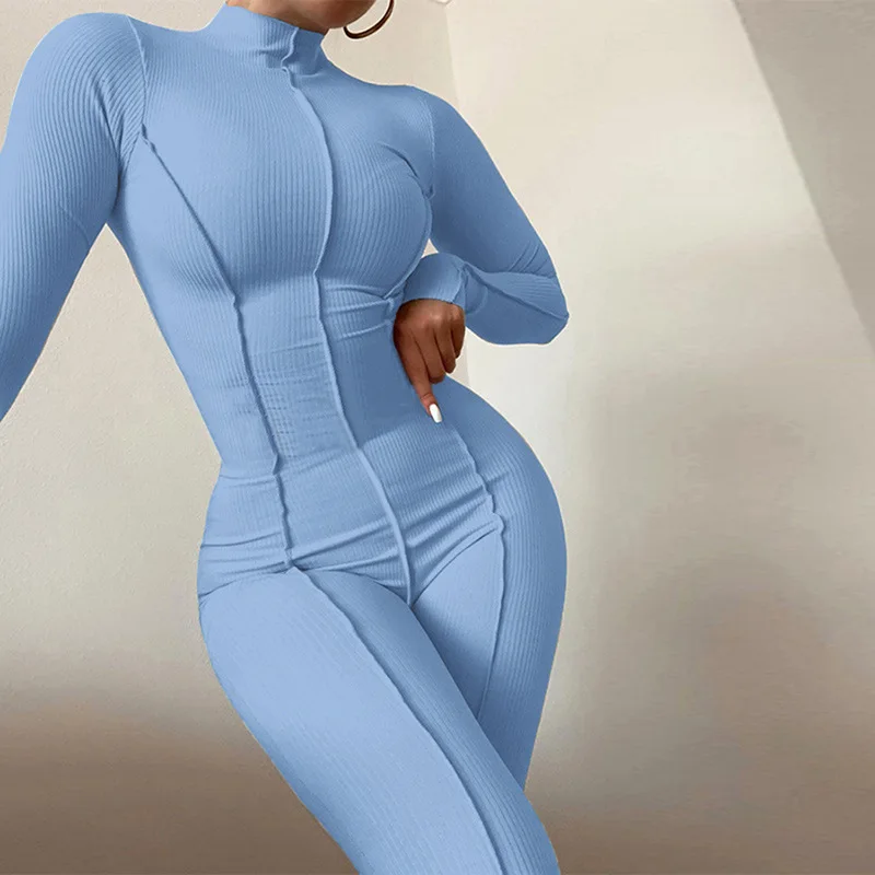 2022 Autumn and Winter New Women\'s Fashion High-neck Tight-fitting High-waist Casual Solid Color Sports Jumpsuit Women