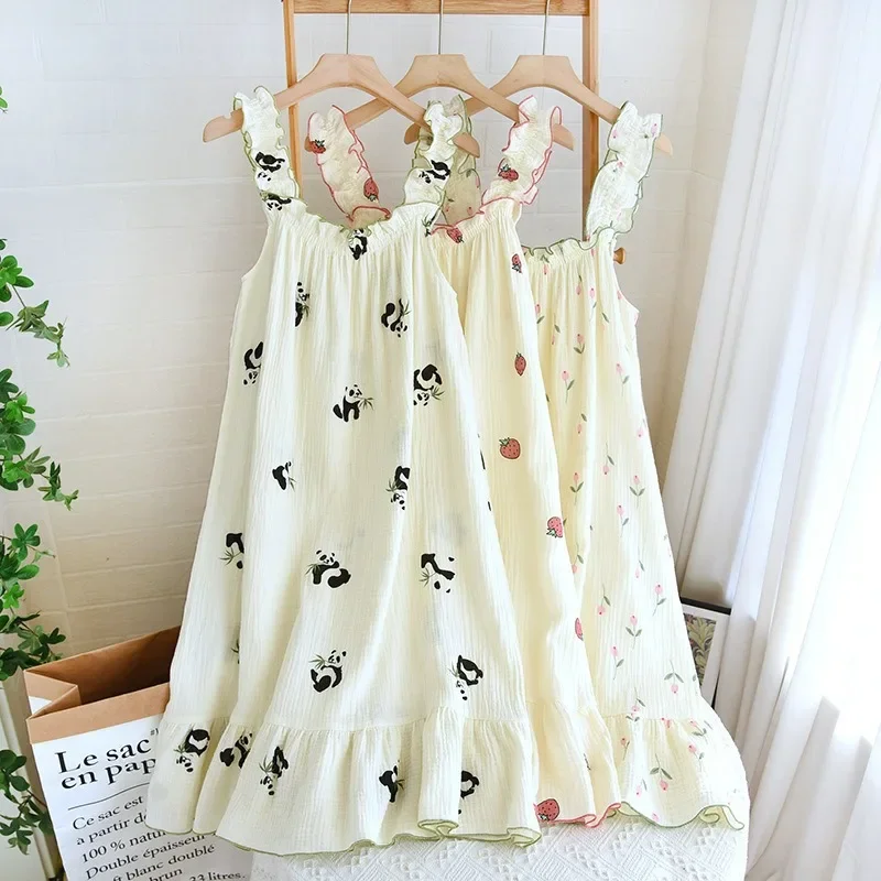 جديد 100% كريب قطني مطبوع عليه زهور فستان نوم للسيدات بحمالات مريحة لامتصاص العرق ملابس نوم فضفاضة للنساء