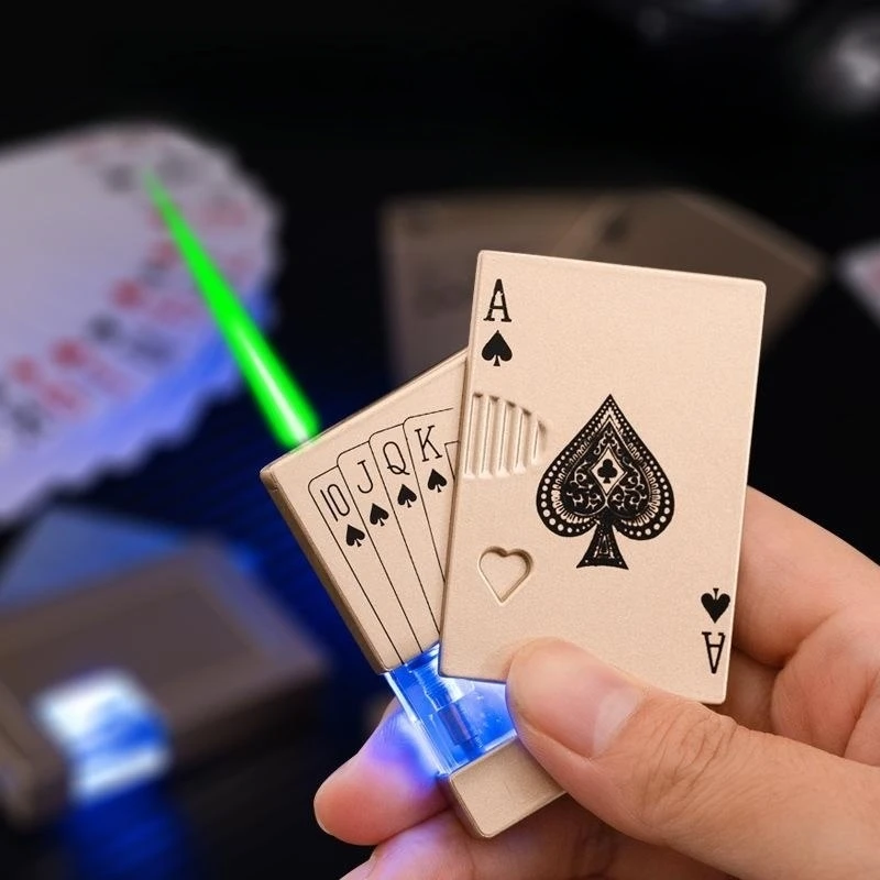 

Metal Playing Card Butane Gas Lighter Spades A Outdoor Windproof Straight Flush Green Flame Cigar Candle Lighter Men's Gifts