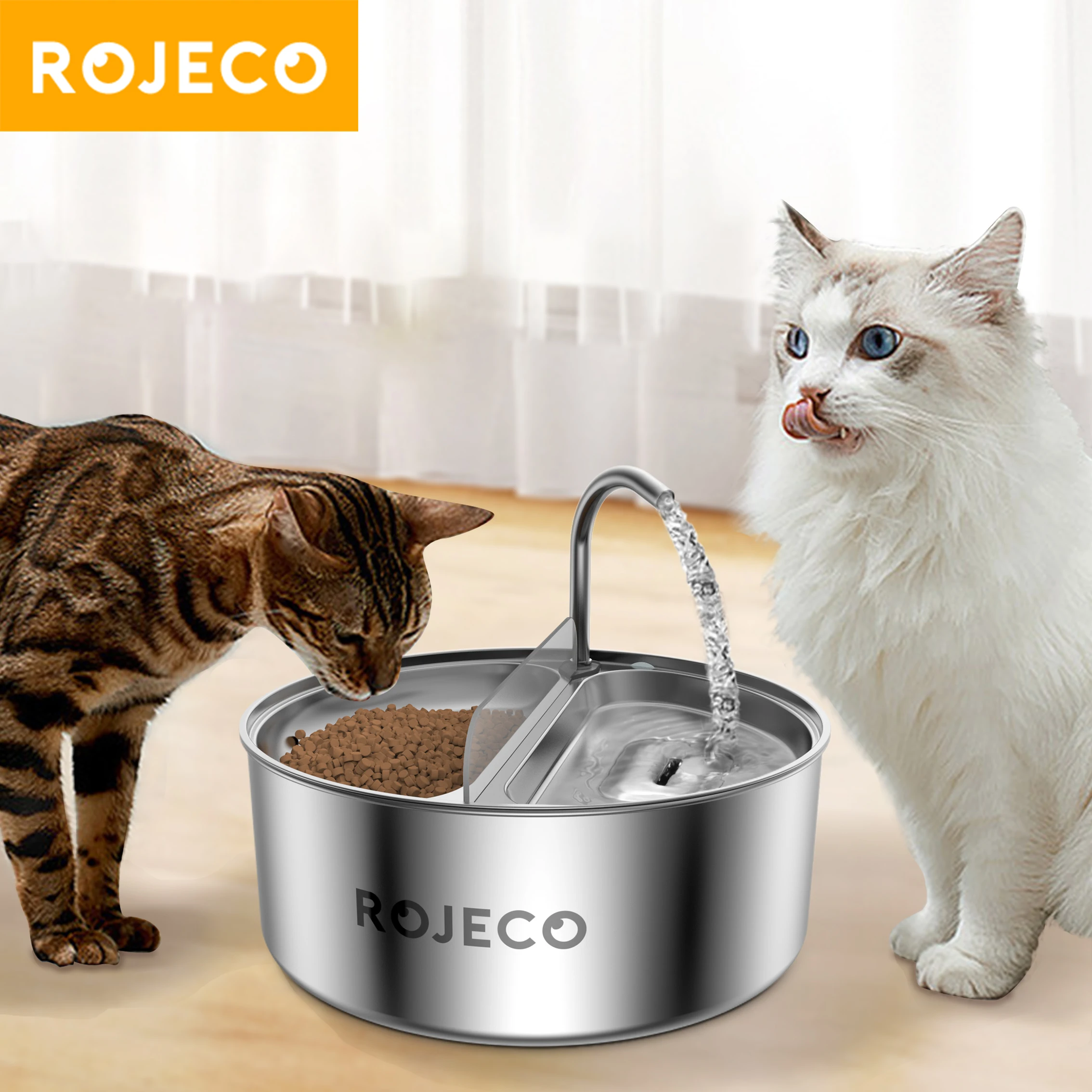 ROJECO 3.2L Stainless Steel Pet Water Founatin And Food Bowl Smart Water Dispenser With Filter Cat Feeding And Watering Supplies