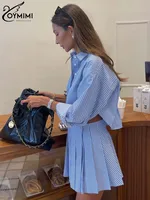 Oymimi Elegant Blue Striped Print Sets For Women 2 Pieces Fashion Long Sleeve Button Crop Tops And High Waist Pleated Skirts Set - Image 3