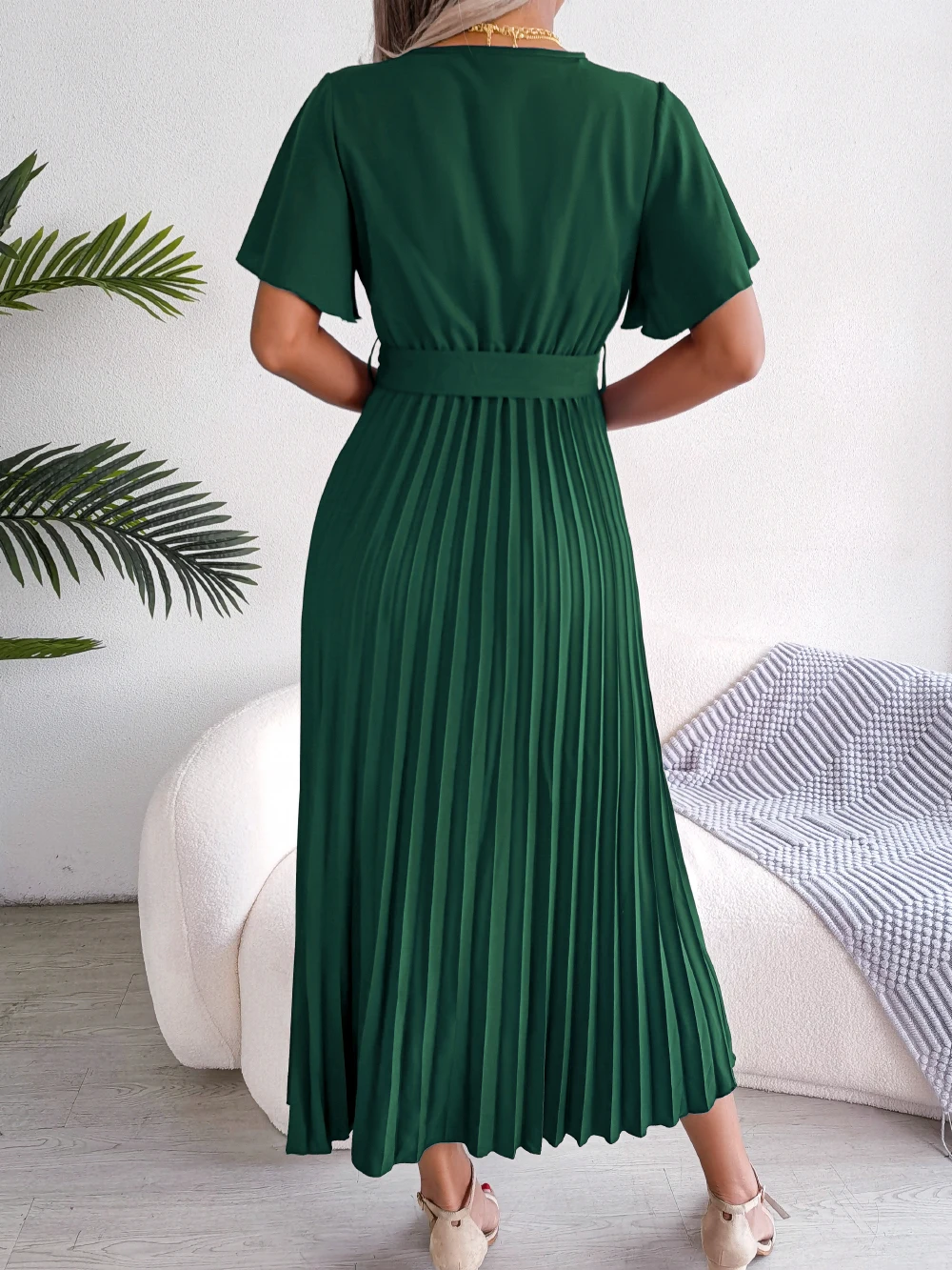 S305528e0e9e84c59bb6fb33cd0a3164fd Women Summer Casual V Neck Short Sleeve Pleated Chiffon Maxi Dress Black Red Green Clothing Mallzona