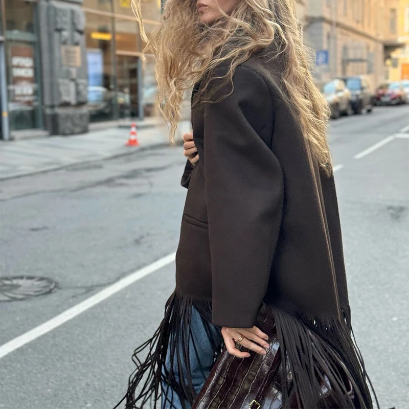 Abrigo largo de lana con borlas para mujer, chaqueta holgada de manga larga con solapa y botonadura sencilla, color marrón, primavera 2025