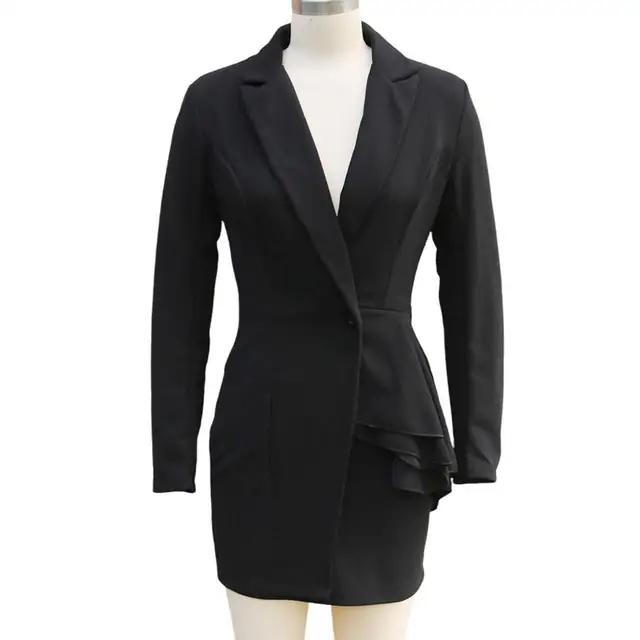 Robe de costume élégante pour femmes, nouvelle mode, couleur unie, manches longues, boutons crantés, volants, paquet de hanche, Mini robe de costume de bureau pour dames