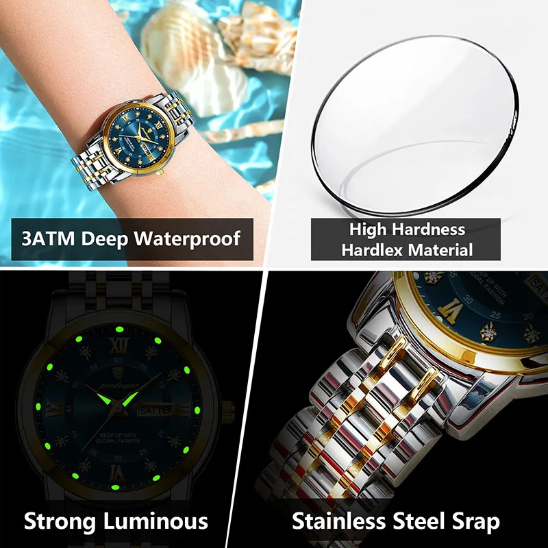 Gold Female Watches Luxury Rhinestone Stainless Steel Bracelet Women Quartz Wrist Watches Luminous Waterproof Date Clock Relojes 3