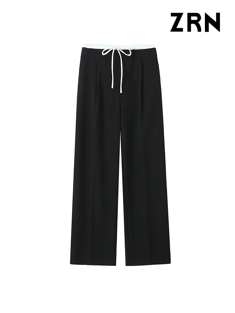 ZRN-Women's Double Waistband Wide Leg Pants, High Elastic Waist With Drawstring, Side Pockets, Female Trousers, Chic Fashion