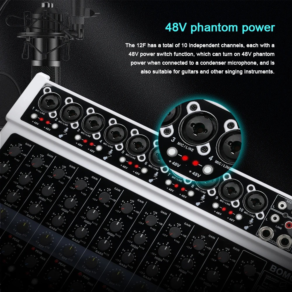 Professional Portable 99DSP 12 Channel Recording Audio Mixer interface USB 48V BT Sound Console Card for PC MP3 DJ karaoke Audio Mixer Audio Interface