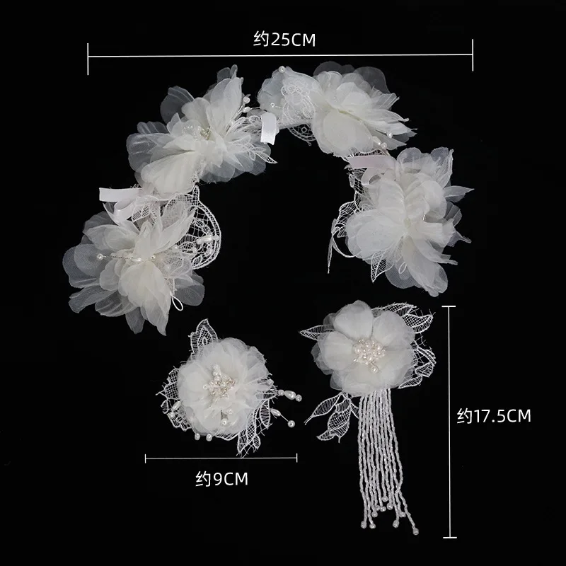 Bridal New Lace Design Headband Pearl Asymmetrical Flower Ear Clips Wedding Hairbands Set
