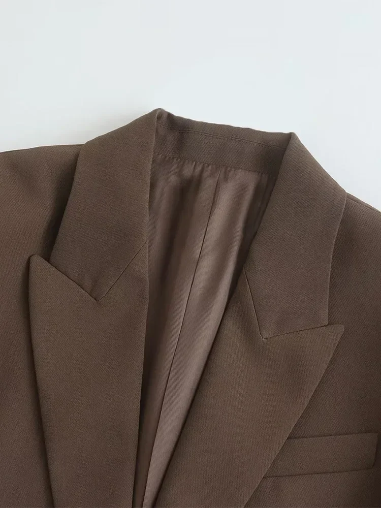 Women Fashion With Pockets Brown Single Button Blazer Vintage Notched Neck Long Sleeves Female Chic Lady Outfits 3