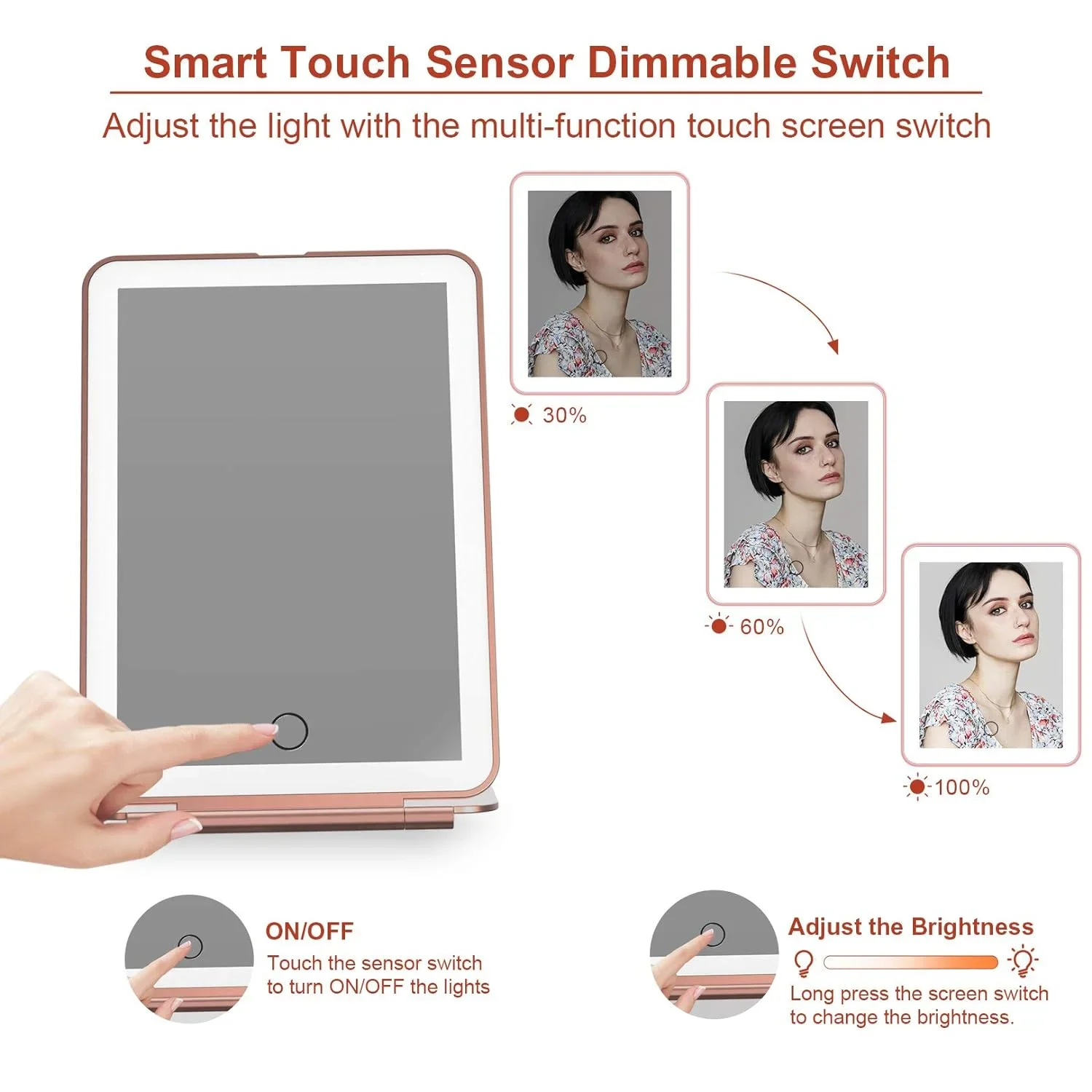 LED Foldable Travel Makeup Mirror 3 Colors Light Modes USB Rechargeable Touch Screen Portable Tabletop Cosmetic Mirror Handheld 3
