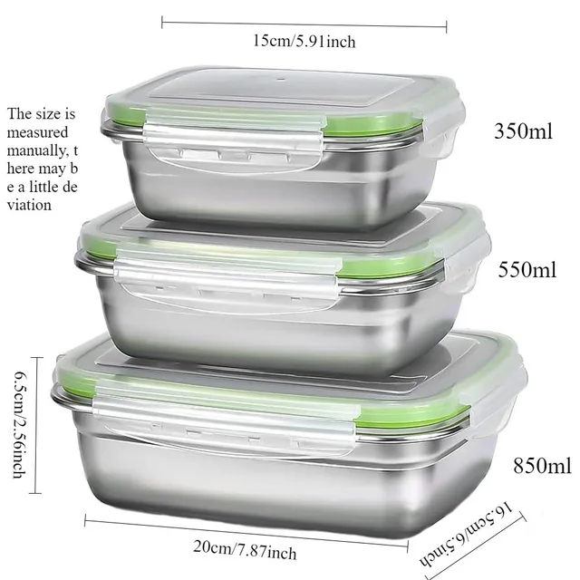 Contenedores de alimentos de acero inoxidable de 3 piezas, caja de almacenamiento de alimentos, fiambrera cuadrada de 400/750/1200ml 6